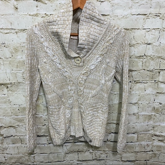 DKNY Jeans Tan White Shawl Neck V Neck Sweater - Picture 1 of 5